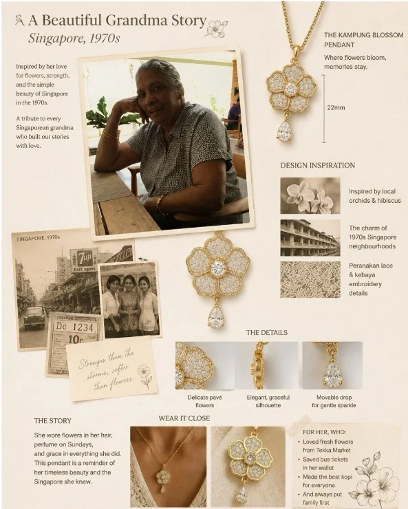A Beautiful Grandma Story — the Kampung Blossom Pendant design board